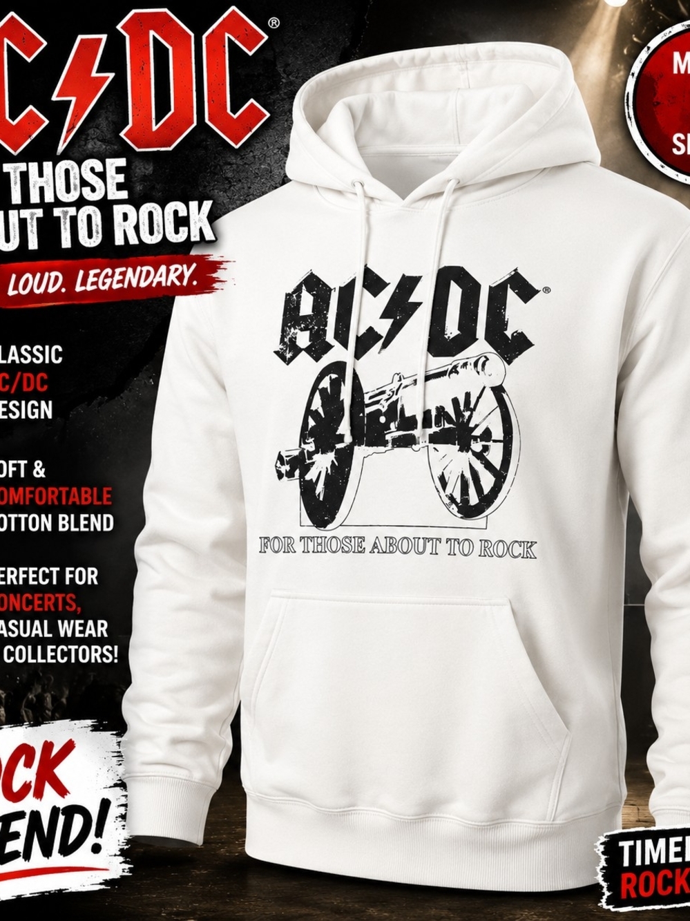AC/DC For Those About To Rock Hoodie Sweatshirt White Graphic Pullover Men Small